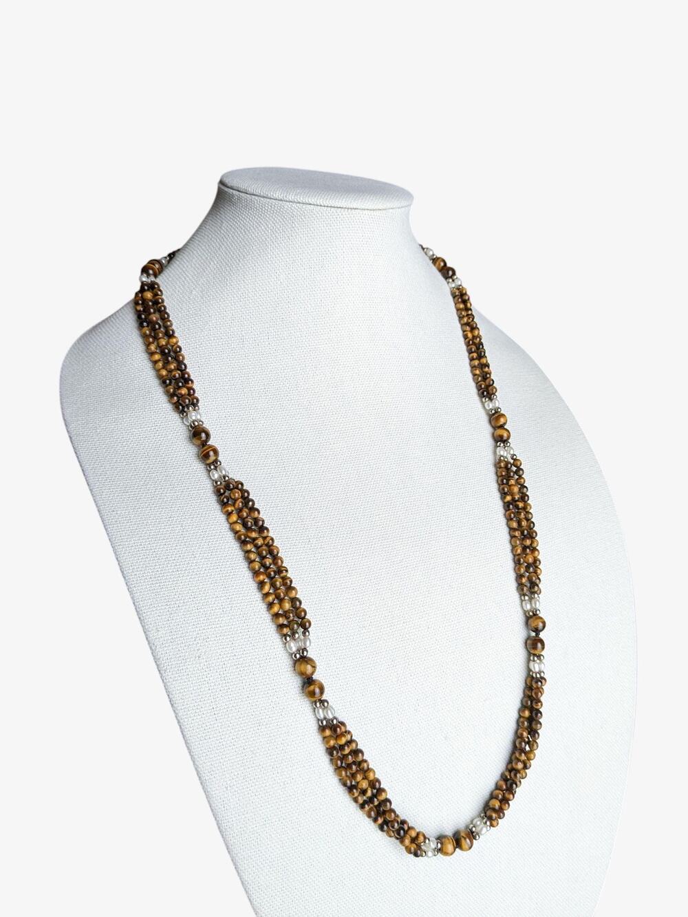 1980s Tigers Eye Vintage Triple Strand Station Necklace